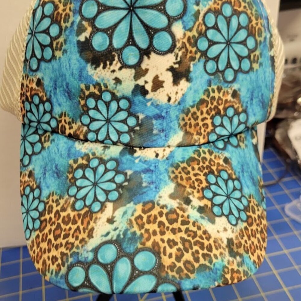 Jade Turquoise Floral & Leopard Ponytail Back Trucker Hat